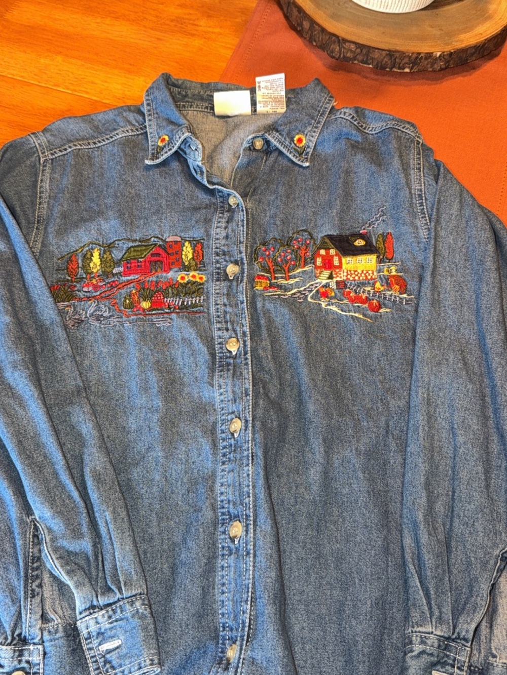 •VINTAGE• Denim Button-Up Shirt with Embroidered fall scene